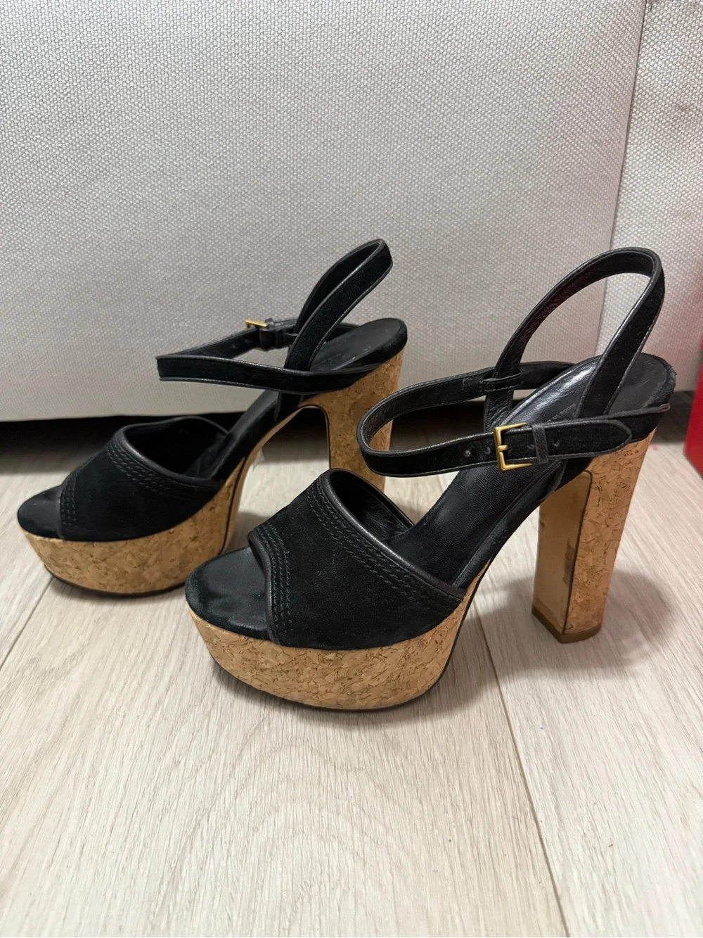 Gucci Black Suede Cork Platform Slingback Heels
